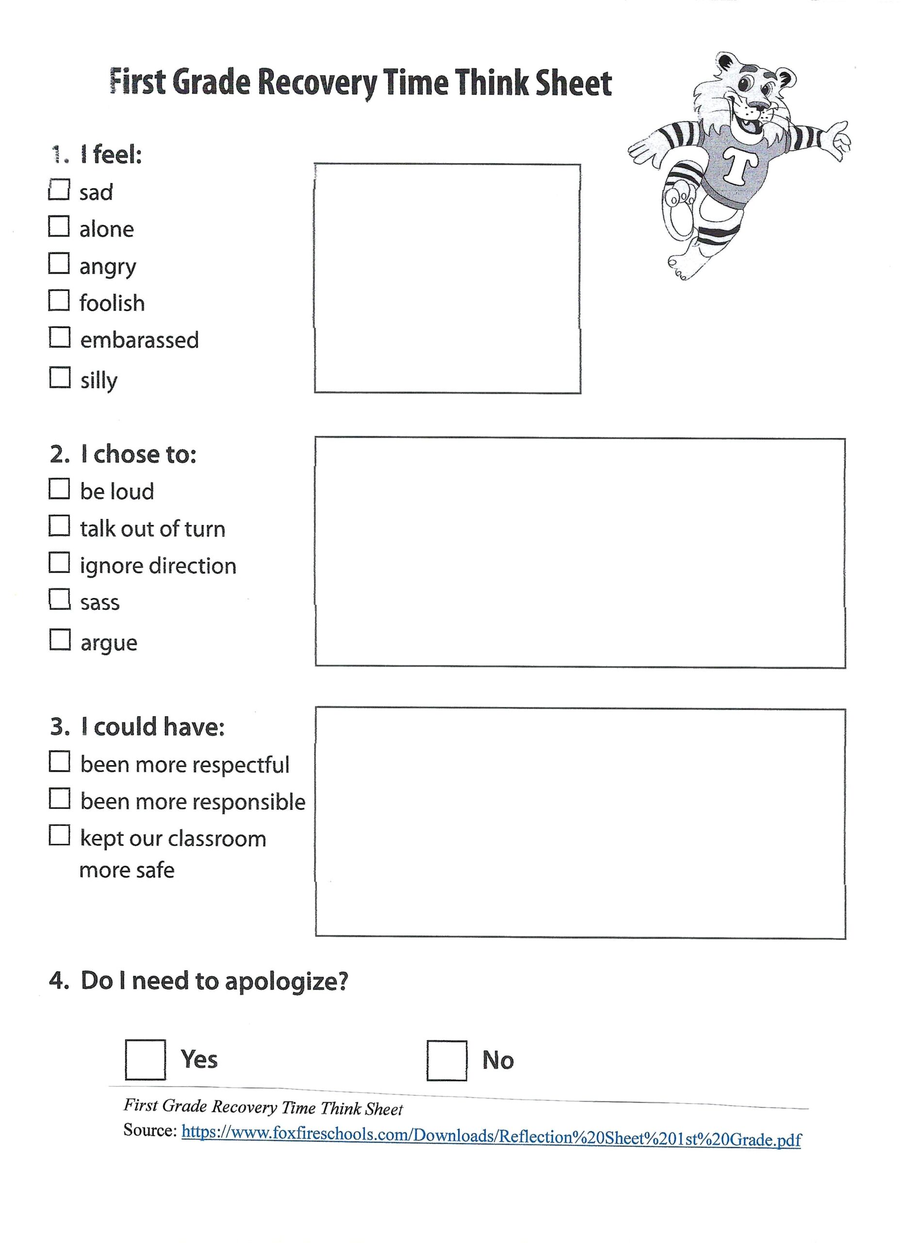 First Grade Recovery Time Think Sheet