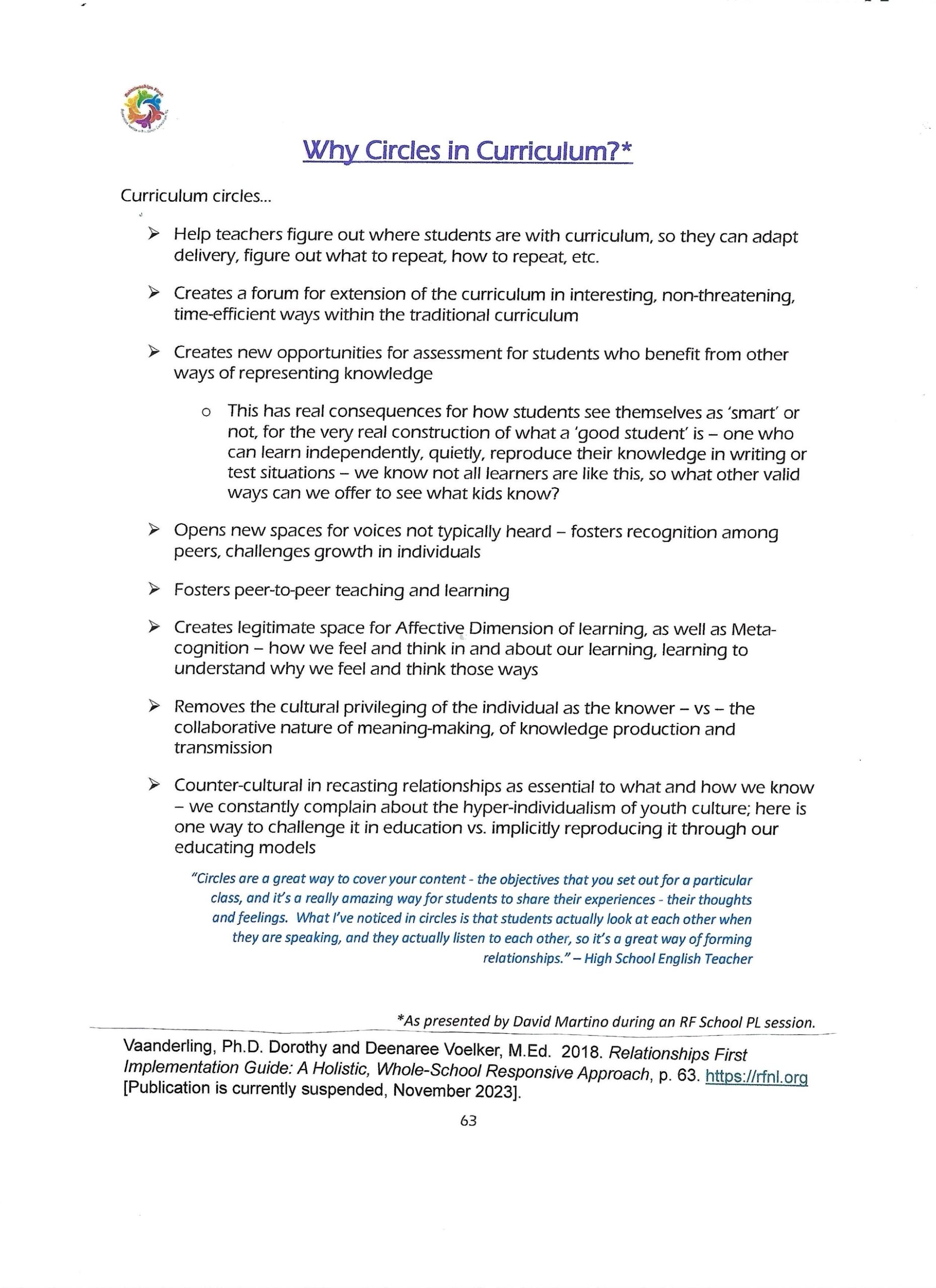 Why Circles in Curriculum - Relationships First