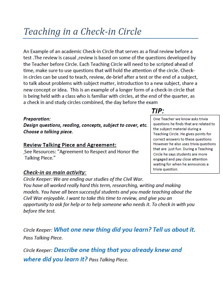 Teaching in a Check in Circle