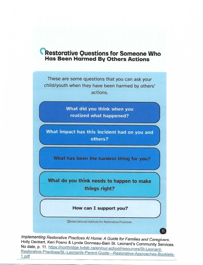 Restorative Questions for someone harmed by another